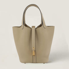 Arvelle Lock Small Greige Soft Grain Calfskin Bucket Bag - Arvelle Paris