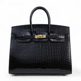 25cm Black Shiny Crocodile Handbag - Arvelle Paris