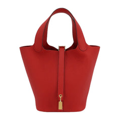 Arvelle Lock Small Vermilion Red Soft Grain Calfskin Bucket Bag - Arvelle Paris