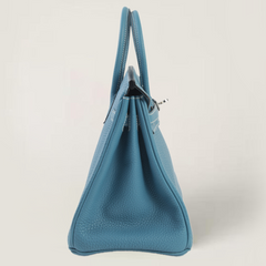 25cm Denim Blue Pebbled Calfskin Handbag - Arvelle Paris
