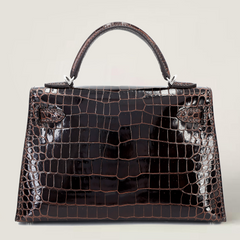Arvelle Compact II Tobacco Brown Shiny Premium Crocodile Handbag - Arvelle Paris