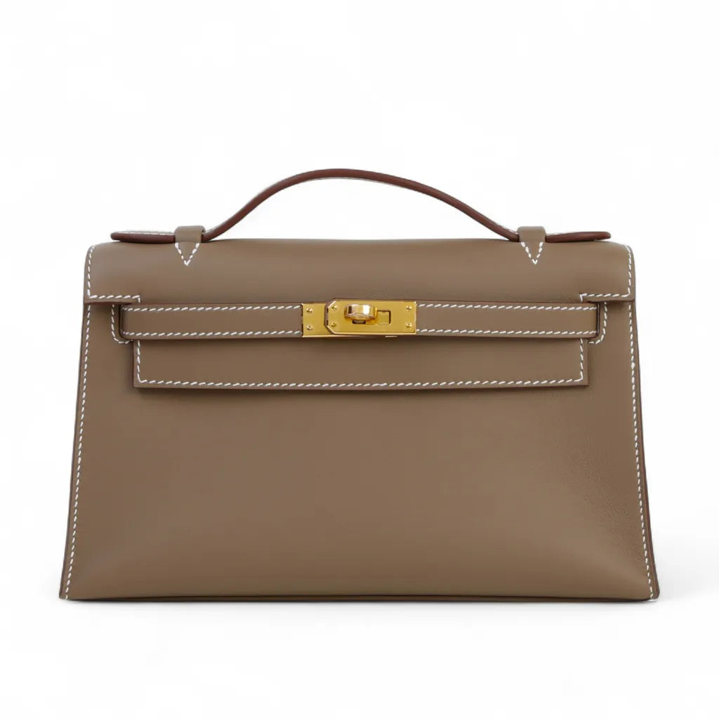 Taupe Smooth Calfskin Clutch - Arvelle Paris