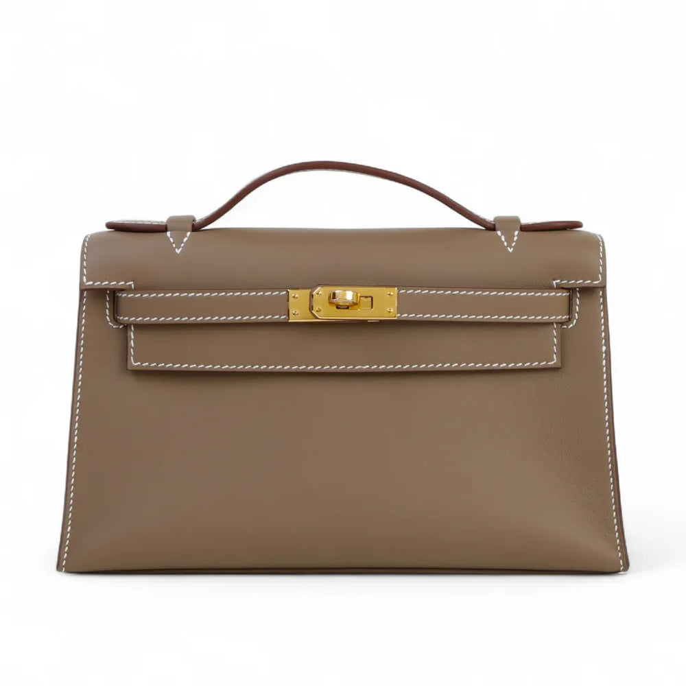 Taupe Smooth Calfskin Clutch - Arvelle Paris