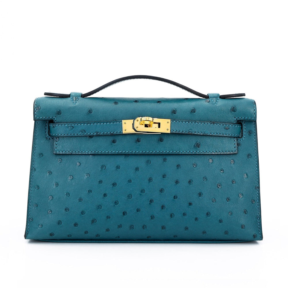 Teal Blue Ostrich Leather Clutch - Arvelle Paris