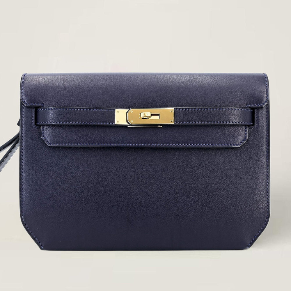 25cm Midnight Blue Polished Grain Calfskin Clutch - Arvelle Paris