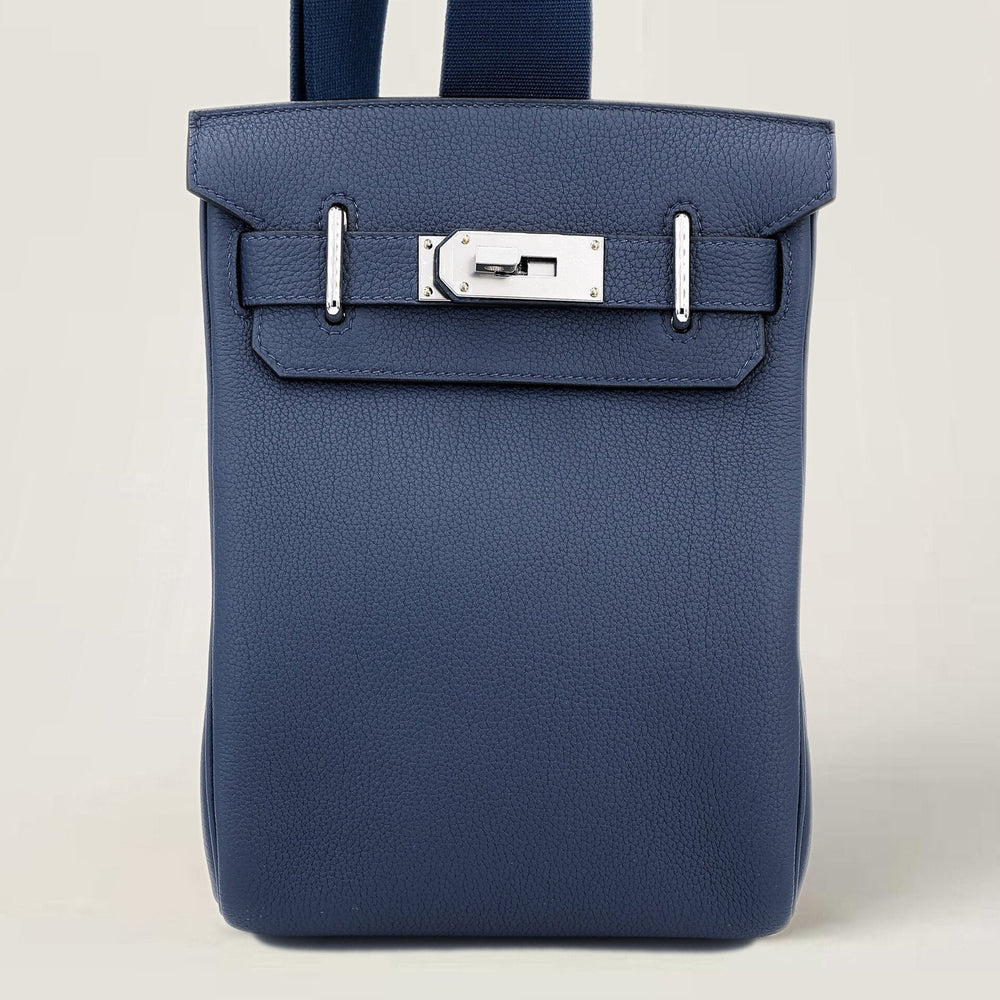 Small Navy Pebbled Calfskin Backpack - Arvelle Paris