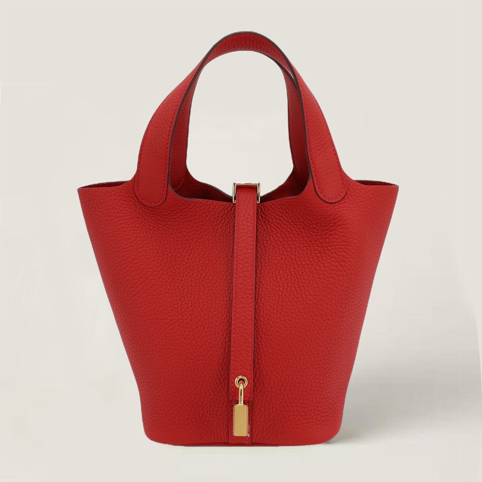 Arvelle Lock Small Vermilion Red Soft Grain Calfskin Bucket Bag - Arvelle Paris