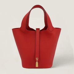 Arvelle Lock Small Vermilion Red Soft Grain Calfskin Bucket Bag - Arvelle Paris