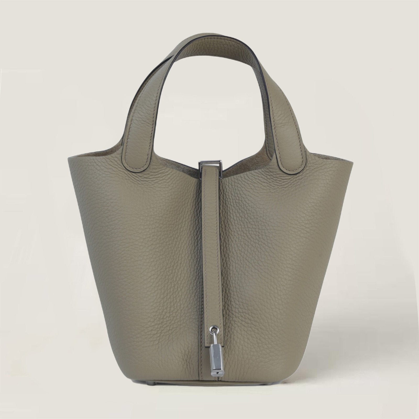 Arvelle Lock Small Desert Beige Soft Grain Calfskin Bucket Bag - Arvelle Paris