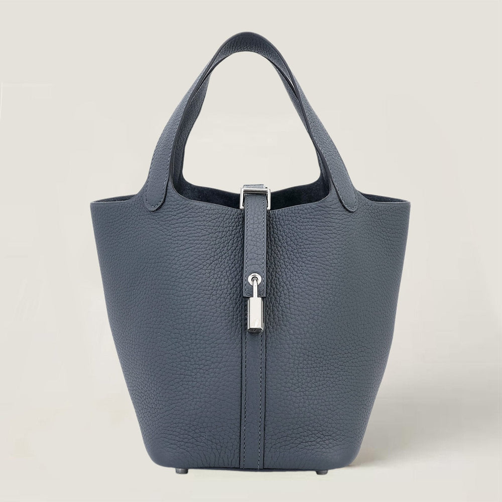 Arvelle Lock Small Misty Grey Soft Grain Calfskin Bucket Bag - Arvelle Paris