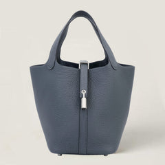 Arvelle Lock Small Misty Grey Soft Grain Calfskin Bucket Bag - Arvelle Paris