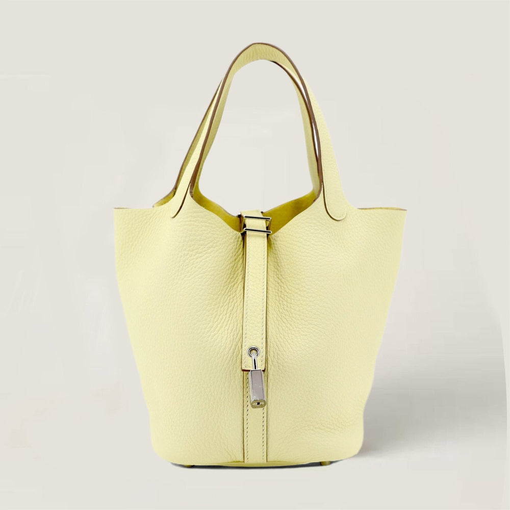 Arvelle Lock Small Sunlit Yellow Soft Grain Calfskin Bucket Bag - Arvelle Paris
