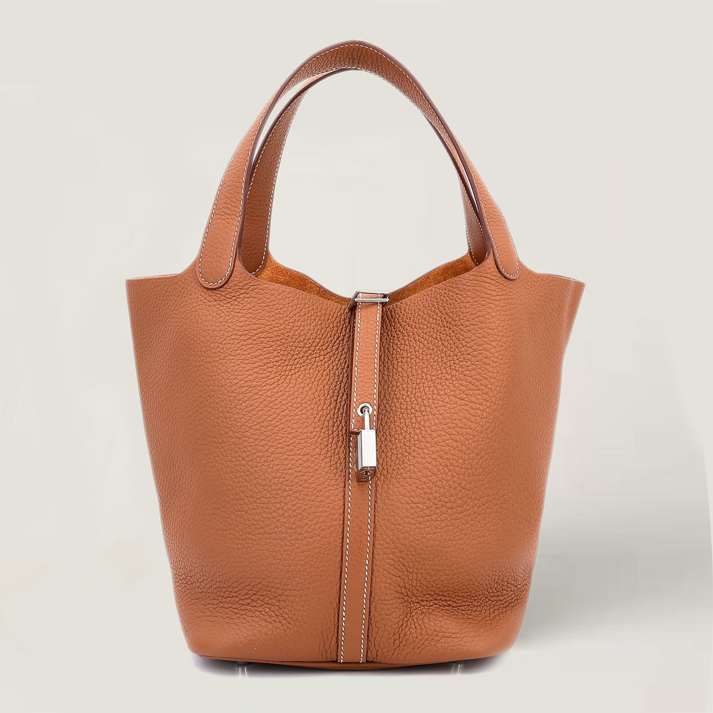 Arvelle Lock Medium 22 Champagne Gold Soft Grain Calfskin Bucket Bag - Arvelle Paris