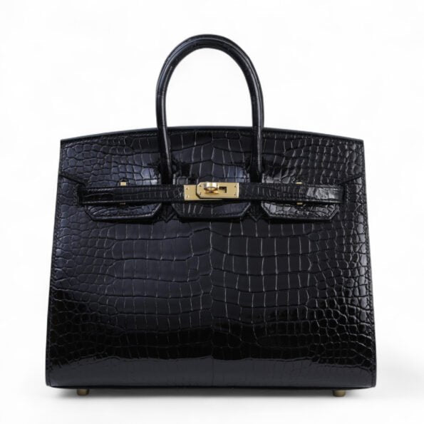 25cm Black Shiny Crocodile Handbag - Arvelle Paris