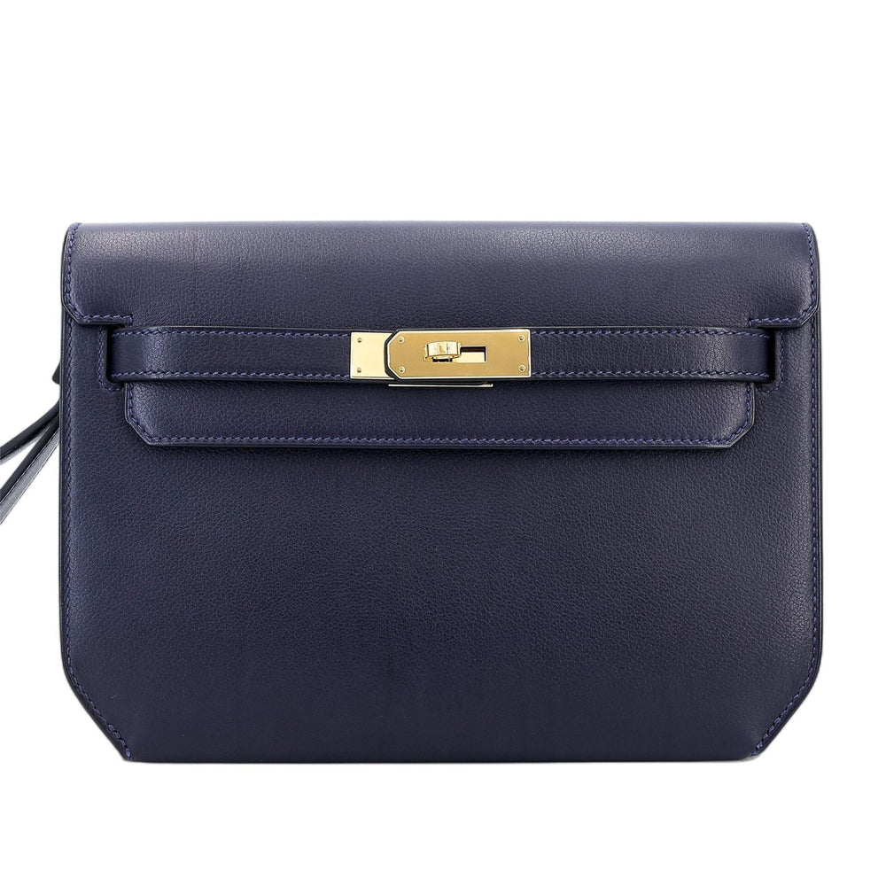 25cm Midnight Blue Polished Grain Calfskin Clutch - Arvelle Paris