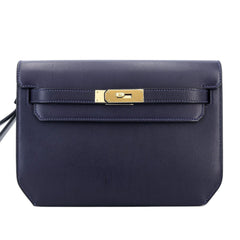 25cm Midnight Blue Polished Grain Calfskin Clutch - Arvelle Paris