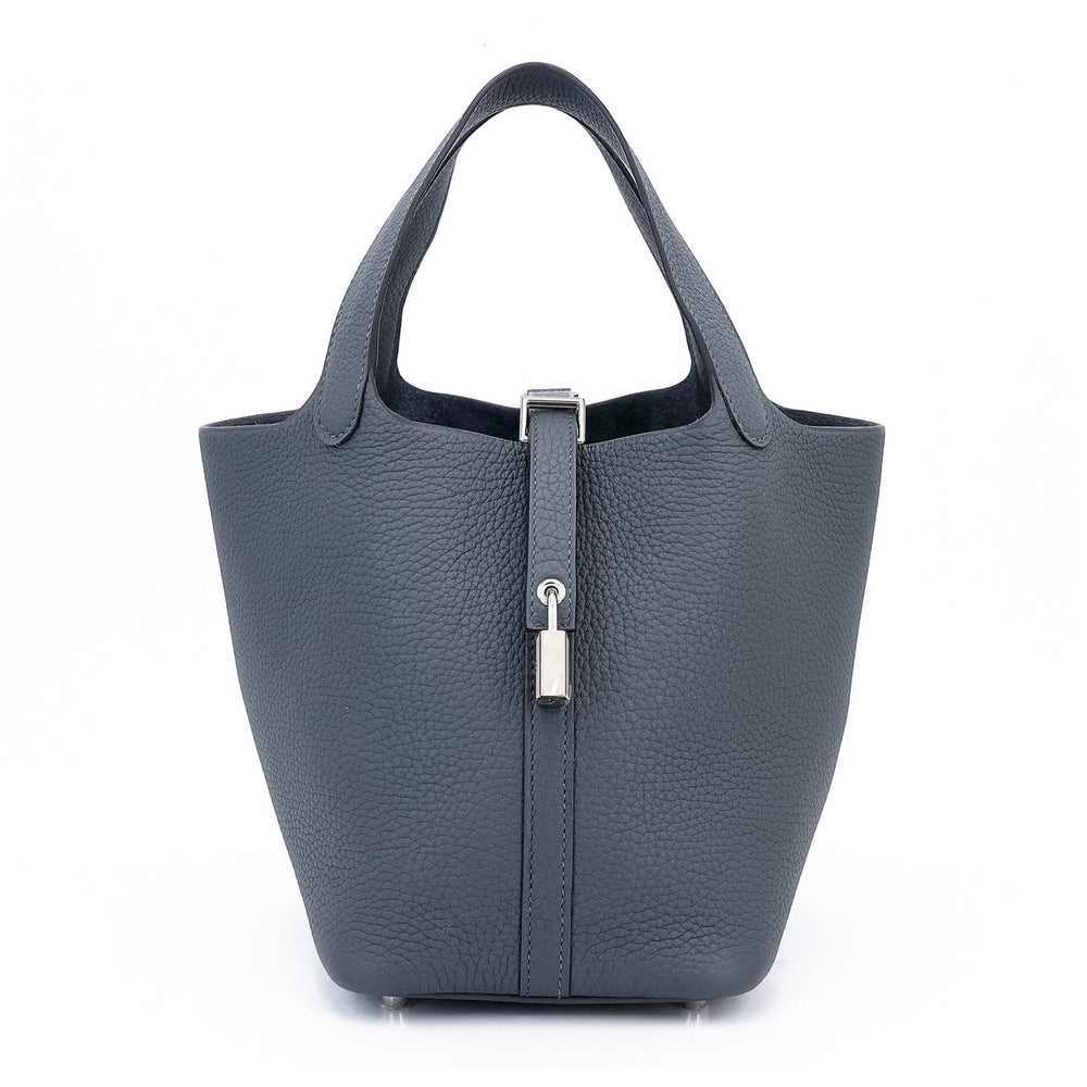 Arvelle Lock Small Misty Grey Soft Grain Calfskin Bucket Bag - Arvelle Paris
