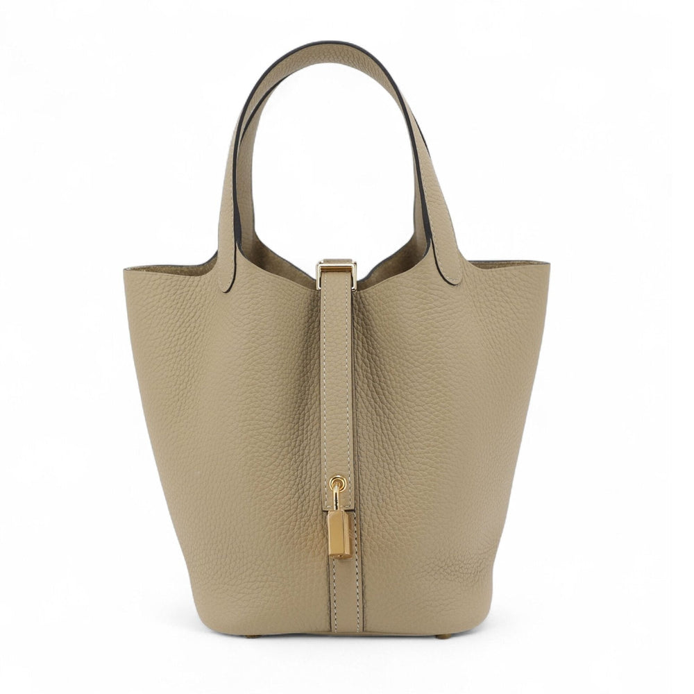 Arvelle Lock Small Greige Soft Grain Calfskin Bucket Bag - Arvelle Paris