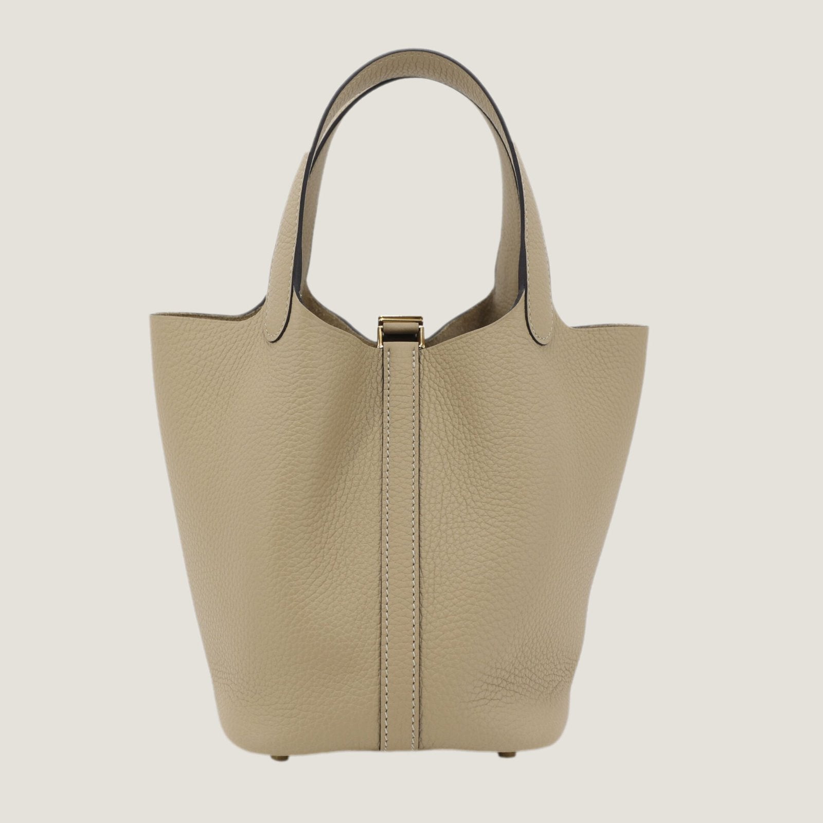 Arvelle Lock Small Greige Soft Grain Calfskin Bucket Bag - Arvelle Paris