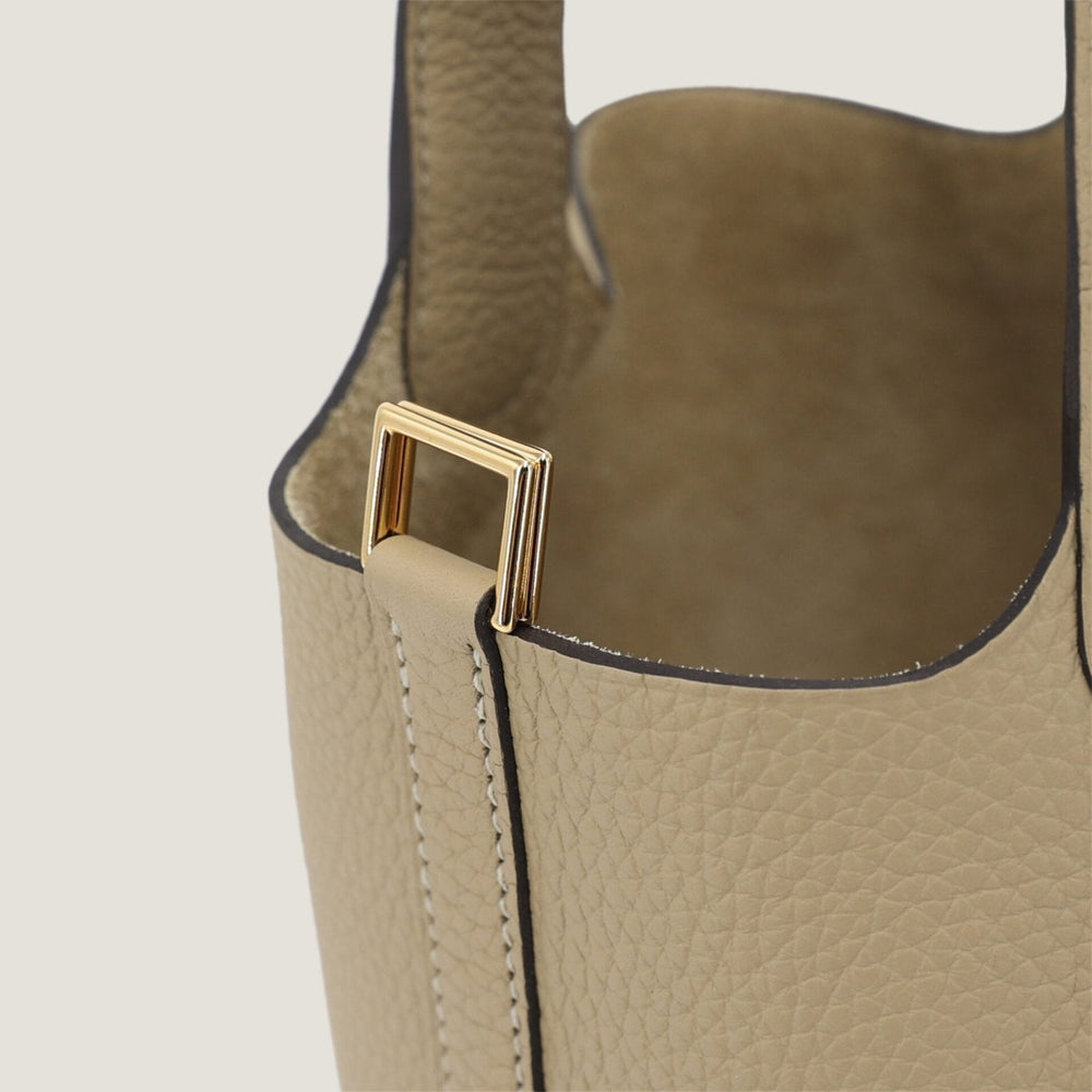Arvelle Lock Small Greige Soft Grain Calfskin Bucket Bag - Arvelle Paris