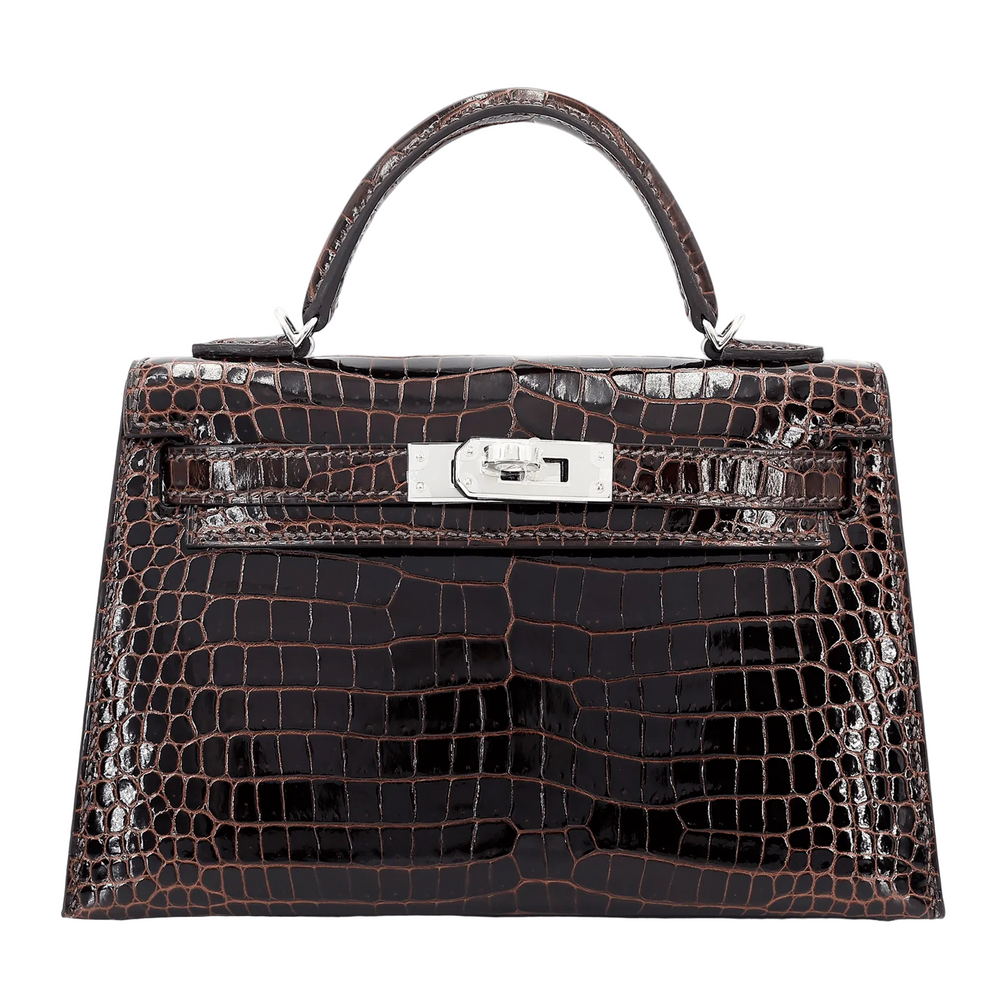 Arvelle Compact II Tobacco Brown Shiny Premium Crocodile Handbag - Arvelle Paris