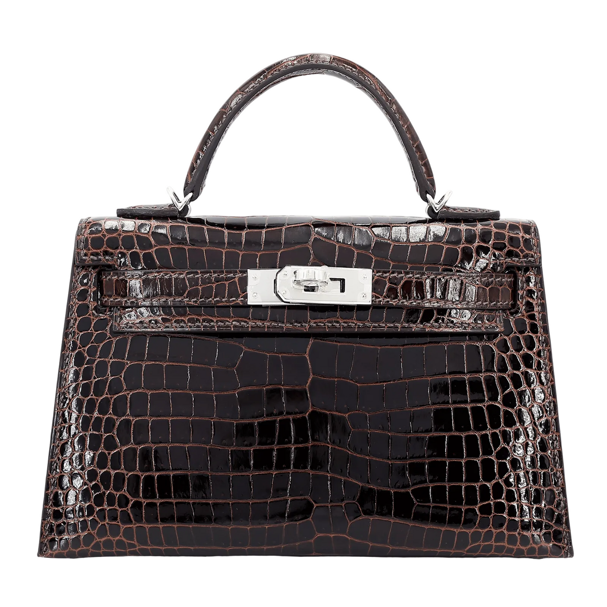Arvelle Compact II Tobacco Brown Shiny Premium Crocodile Handbag - Arvelle Paris