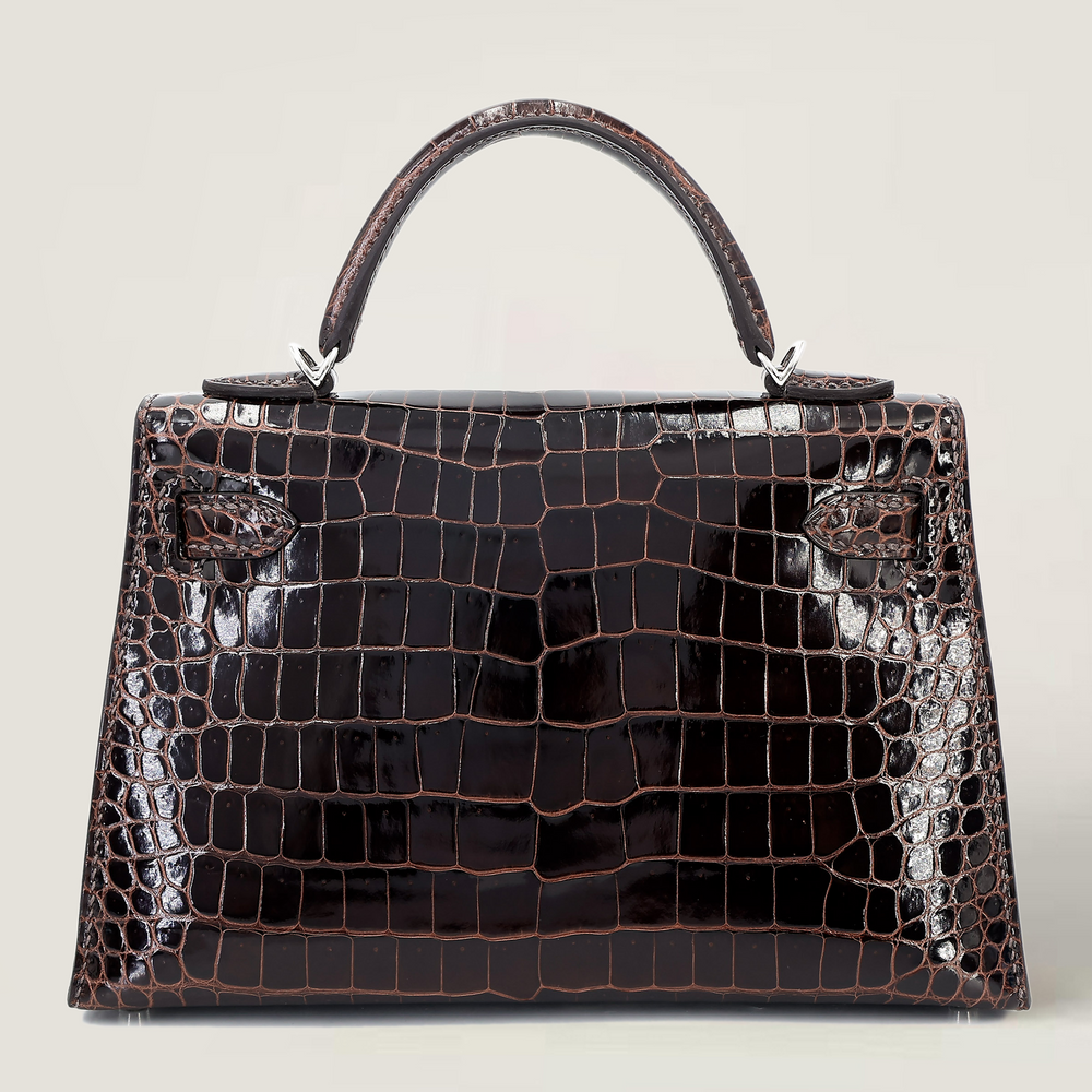 Arvelle Compact II Tobacco Brown Shiny Premium Crocodile Handbag - Arvelle Paris