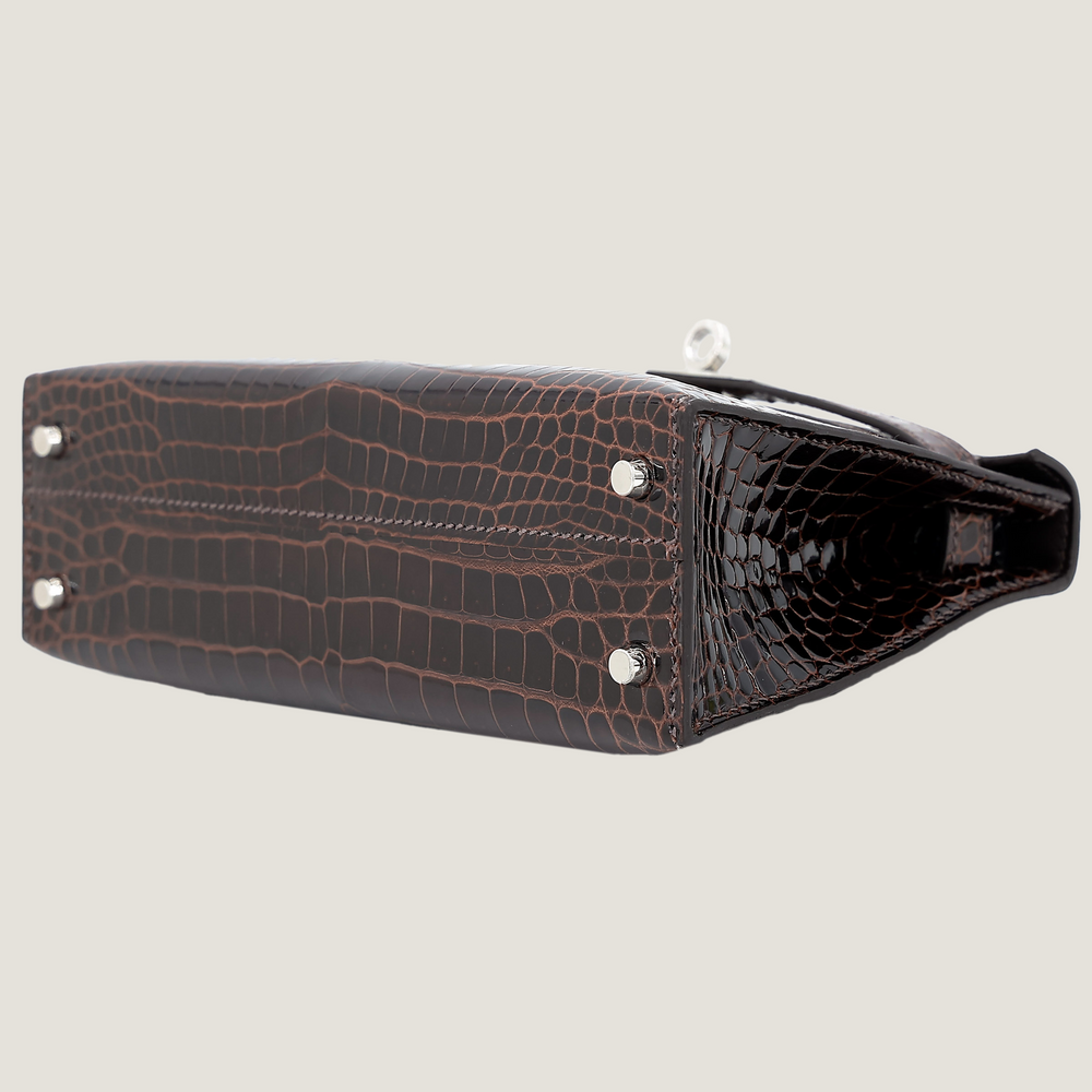 Arvelle Compact II Tobacco Brown Shiny Premium Crocodile Handbag - Arvelle Paris