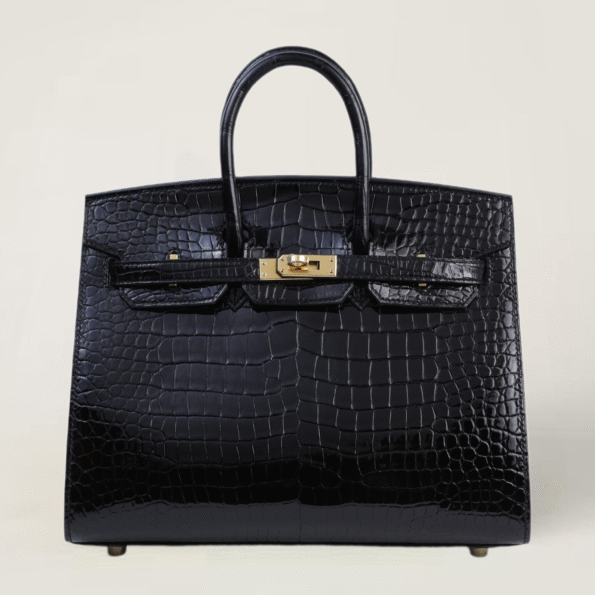 25cm Black Shiny Crocodile Handbag - Arvelle Paris