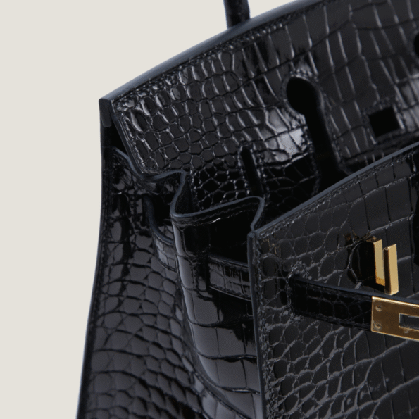 25cm Black Shiny Crocodile Handbag - Arvelle Paris