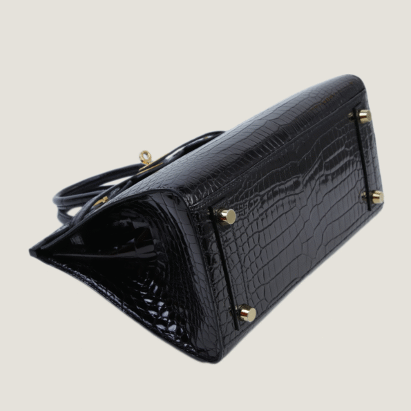25cm Black Shiny Crocodile Handbag - Arvelle Paris