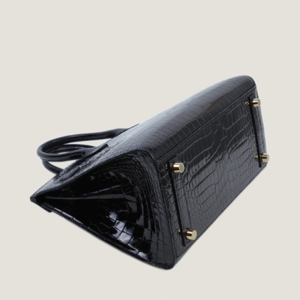 25cm Black Shiny Crocodile Handbag - Arvelle Paris