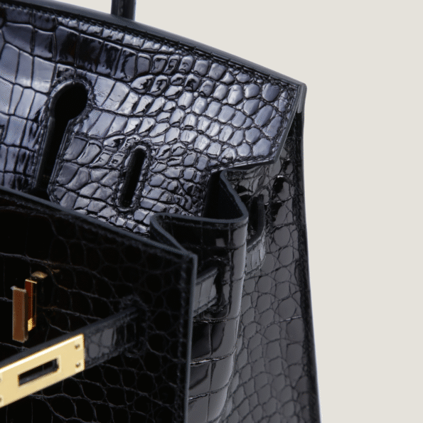 25cm Black Shiny Crocodile Handbag - Arvelle Paris