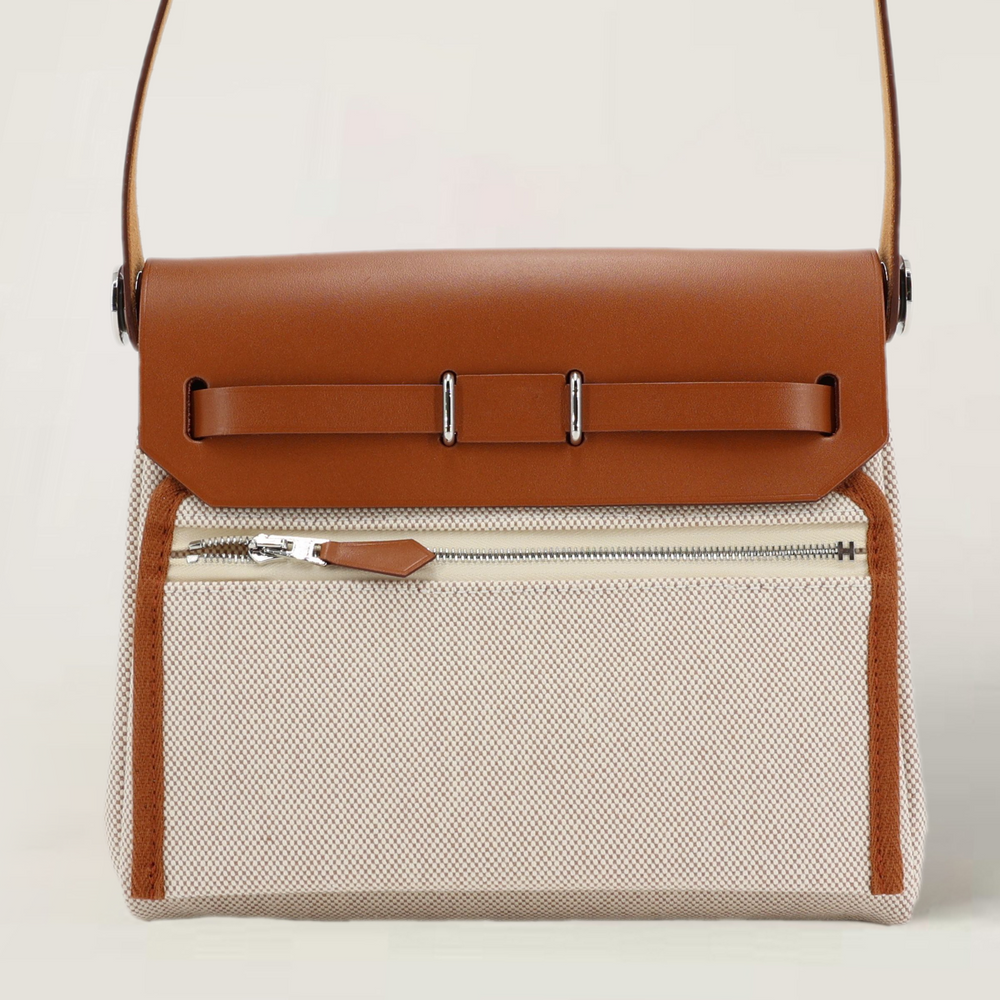 Zip Mini 20 Beige Militaire & Ecru Canvas with Saddle Leather - Arvelle Paris