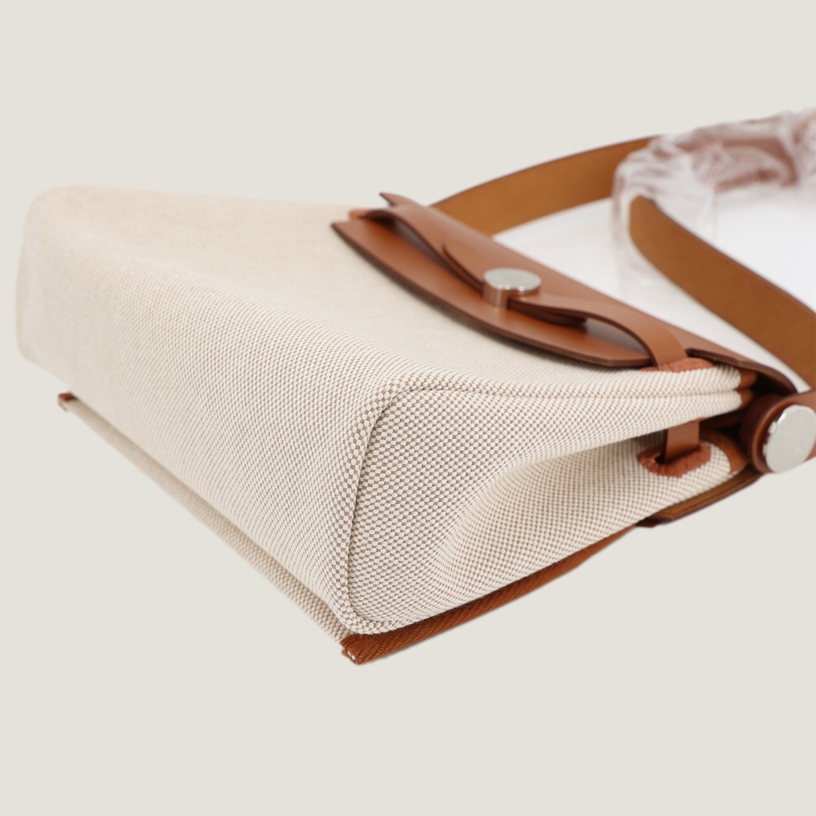 Zip Mini 20 Beige Militaire & Ecru Canvas with Saddle Leather - Arvelle Paris