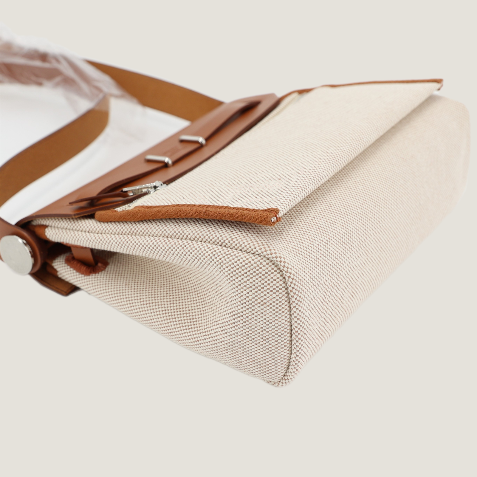 Zip Mini 20 Beige Militaire & Ecru Canvas with Saddle Leather - Arvelle Paris