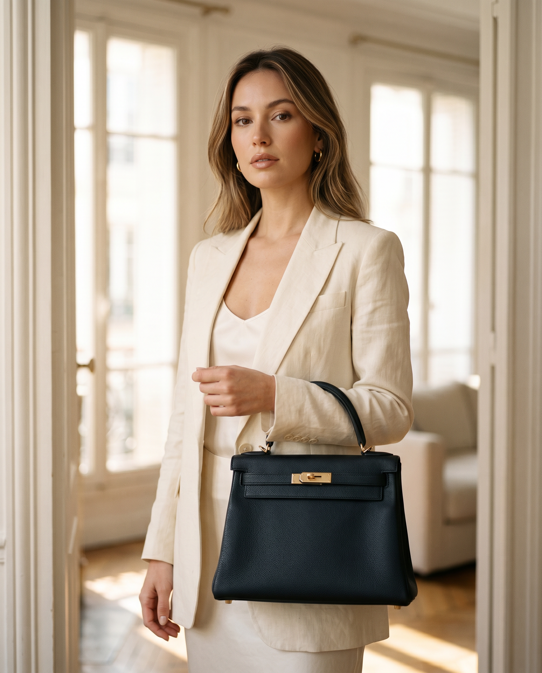 Arvelle Paris luxury handbag — editorial styling, held by model in Parisian setting