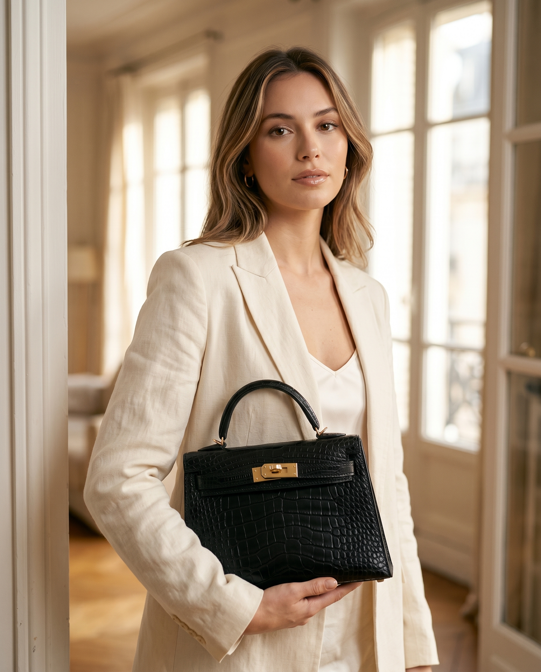 Arvelle Paris luxury handbag — editorial styling, held by model in Parisian setting
