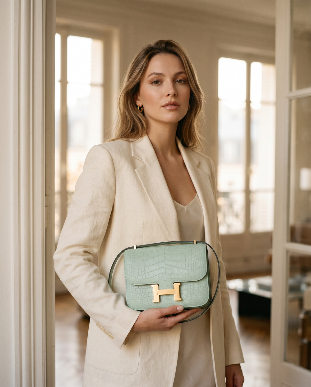 Arvelle Paris luxury handbag — editorial styling, held by model in Parisian setting