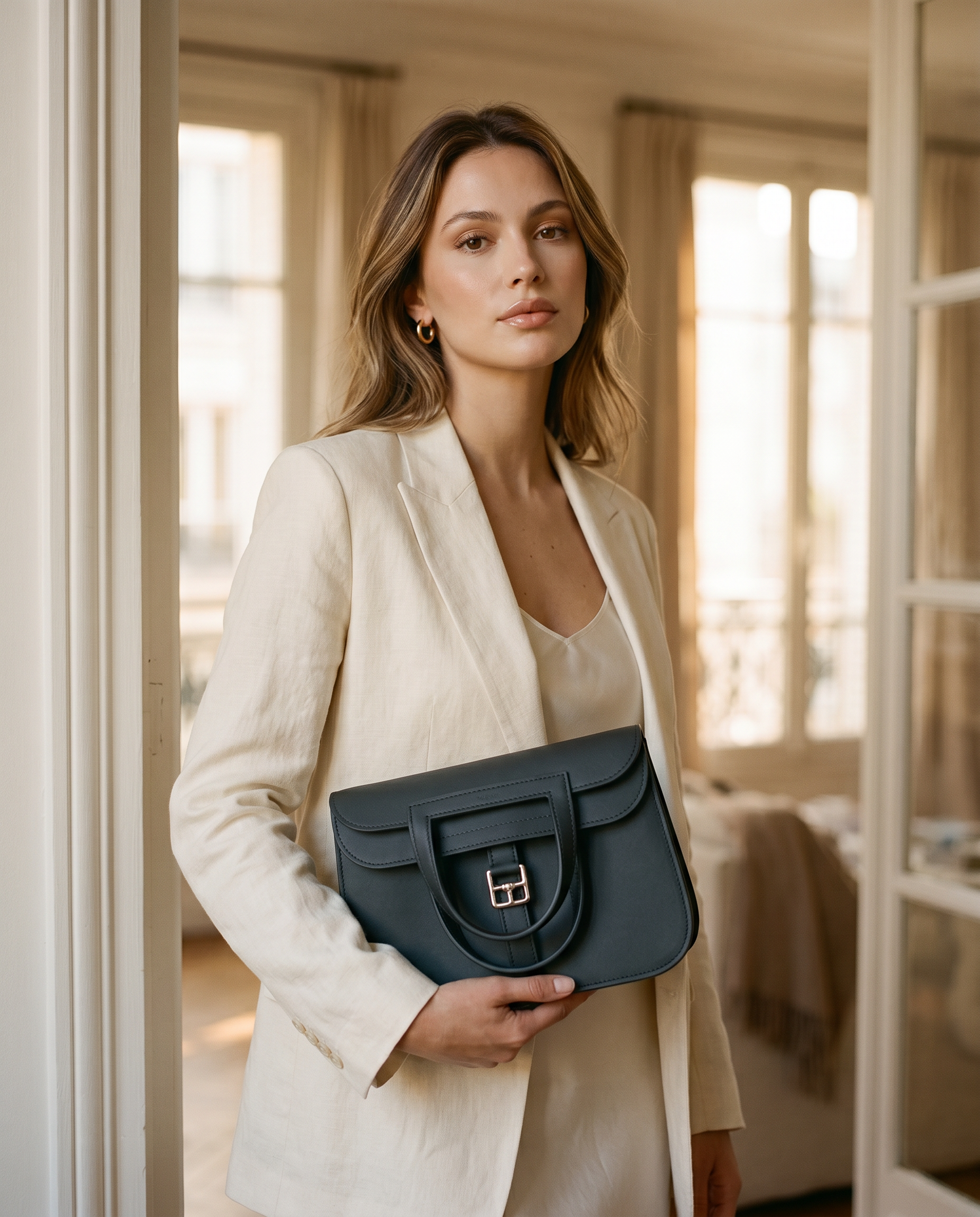 Arvelle Paris luxury handbag — editorial styling, held by model in Parisian setting